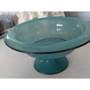 Turquoise Rolled Top Bowl Pedestal Trimmed In Black